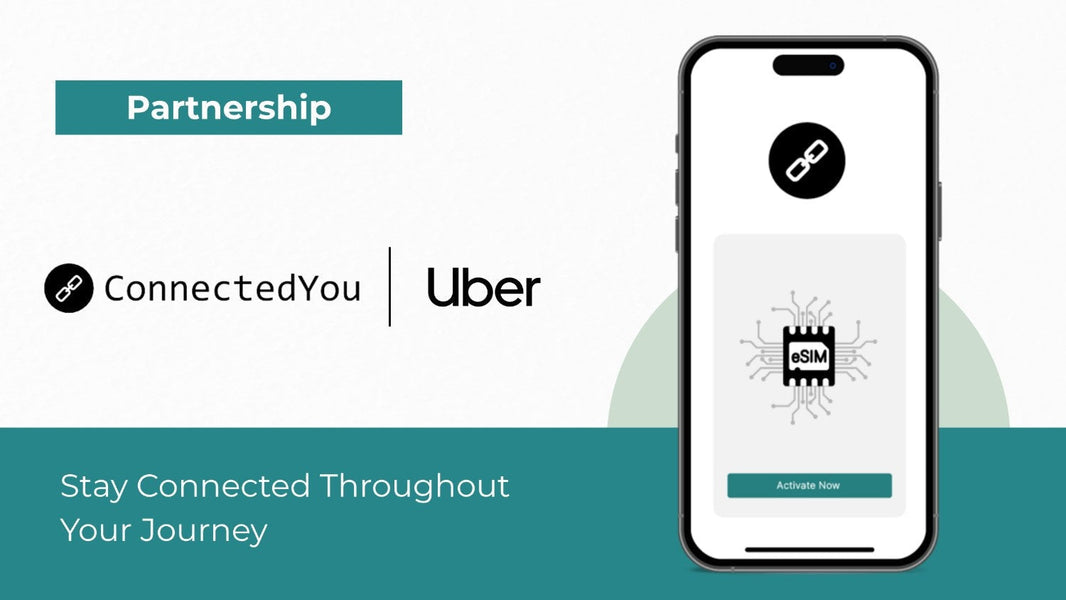 "ConnectedYou and Uber Partnership" promotional image with logos, "Stay Connected Throughout Your Journey" text, and a smartphone displaying an eSIM activation screen.